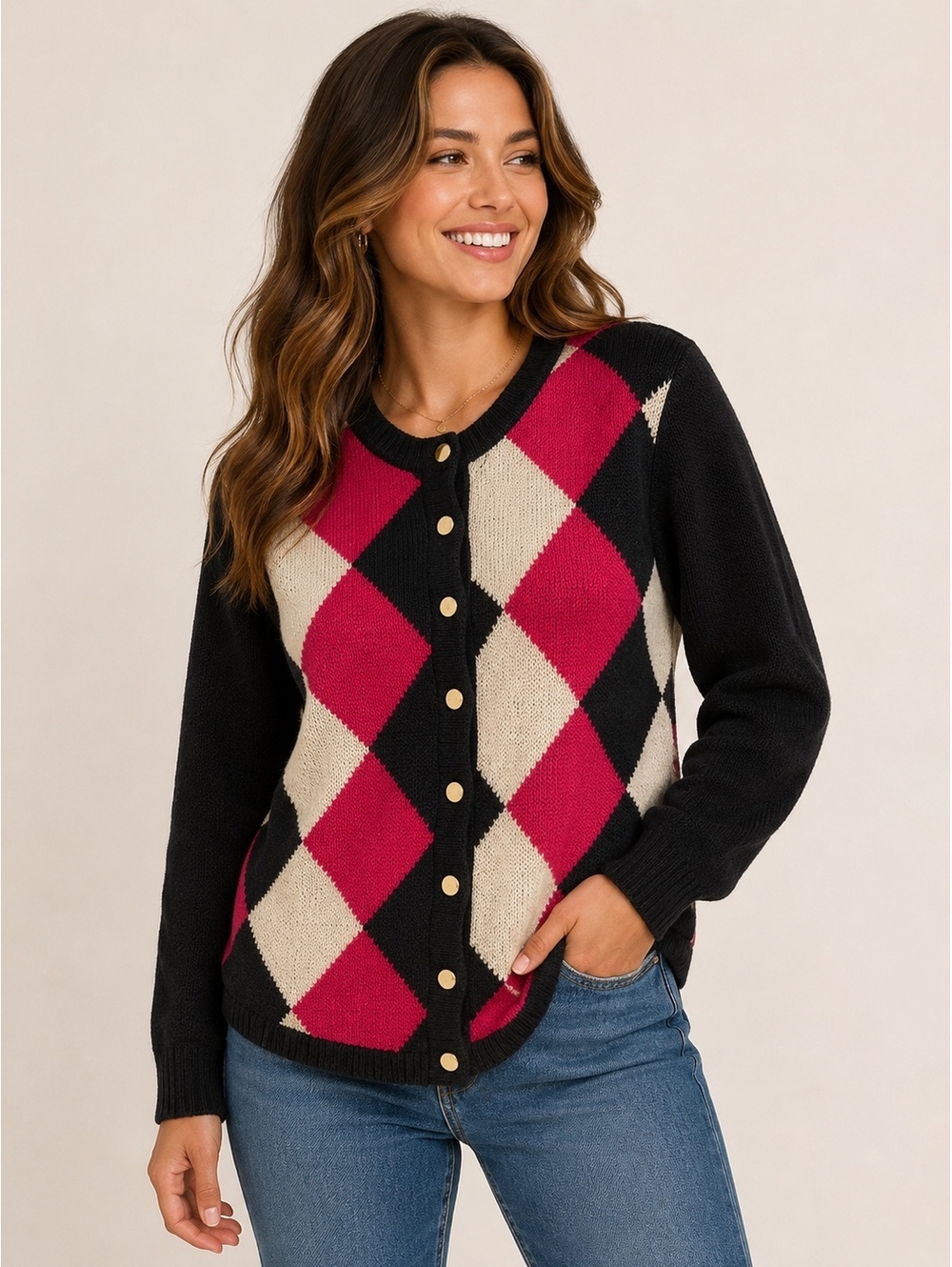 Vintage Dress Barn Woman 14/16 Argyle Cardigan Sweater Gold Buttons Fall Preppy